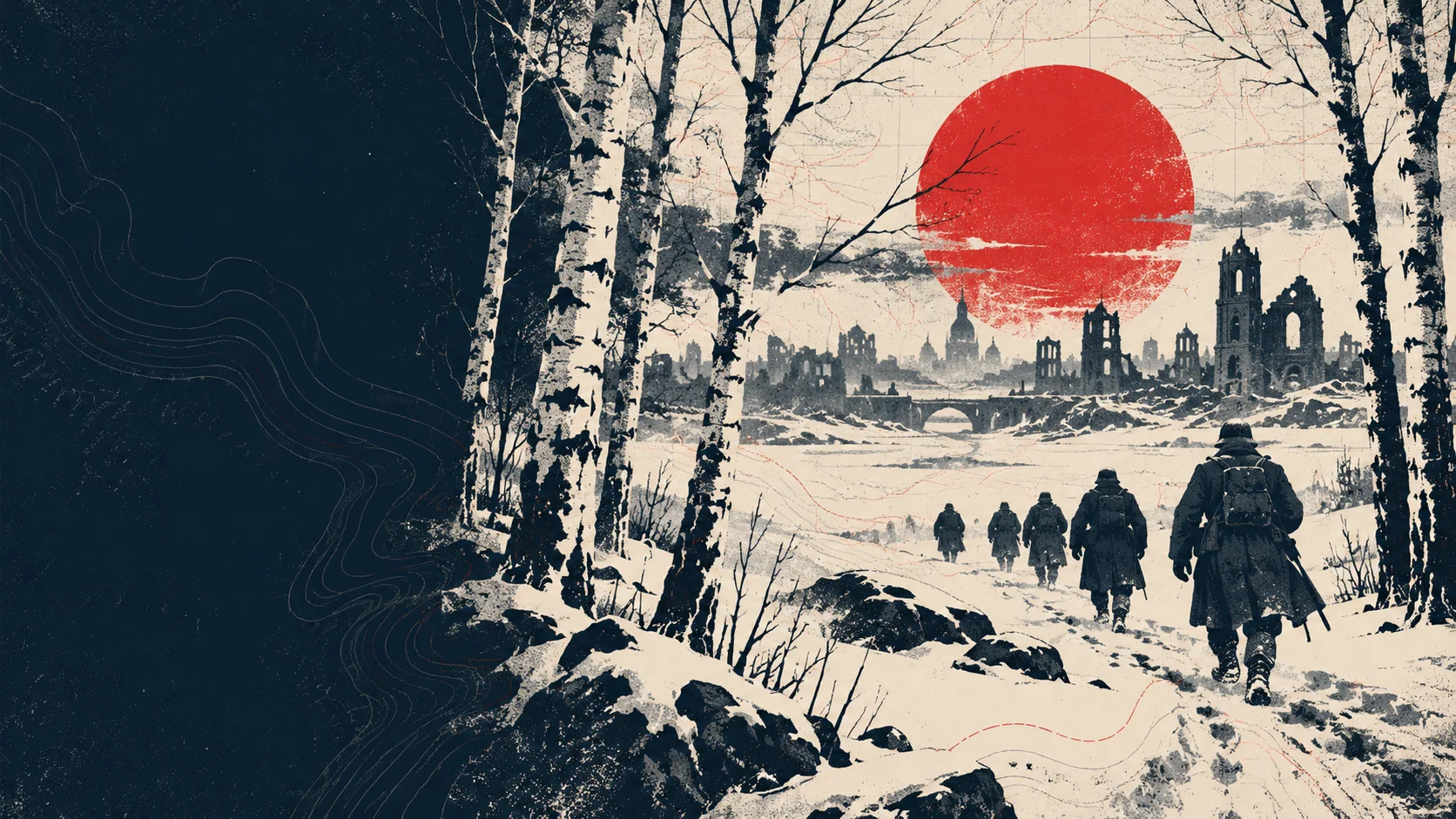 Screenprint-style illustration of figures crossing a snowy birch forest toward a ruined city beneath a red sun.