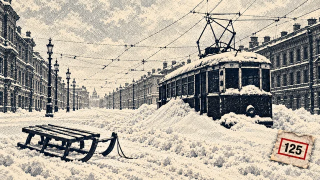 Print-style illustration showing a snow-covered Leningrad street and tram.