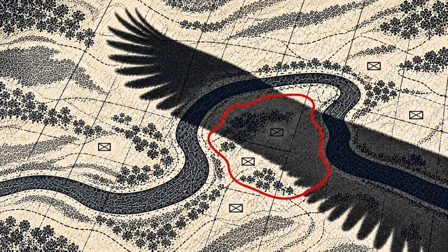 Print-style illustration showing a bird’s shadow over a river map with a red encirclement.