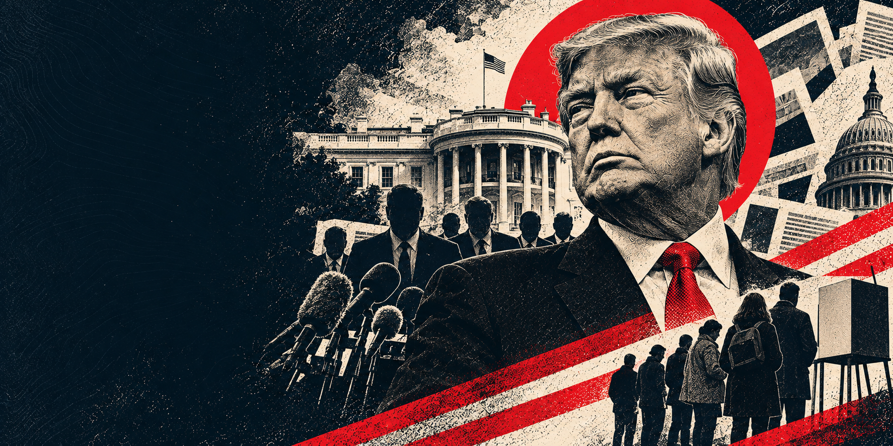 Editorial print illustration of Donald Trump, his administration, the machinery of media, and the midterm ballot.